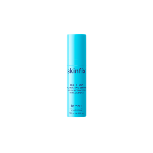 Skinfix Triple Lipid Activating Serum travel-size bottle, 10.5 mL, in blue packaging with navy text, on a transparent background.