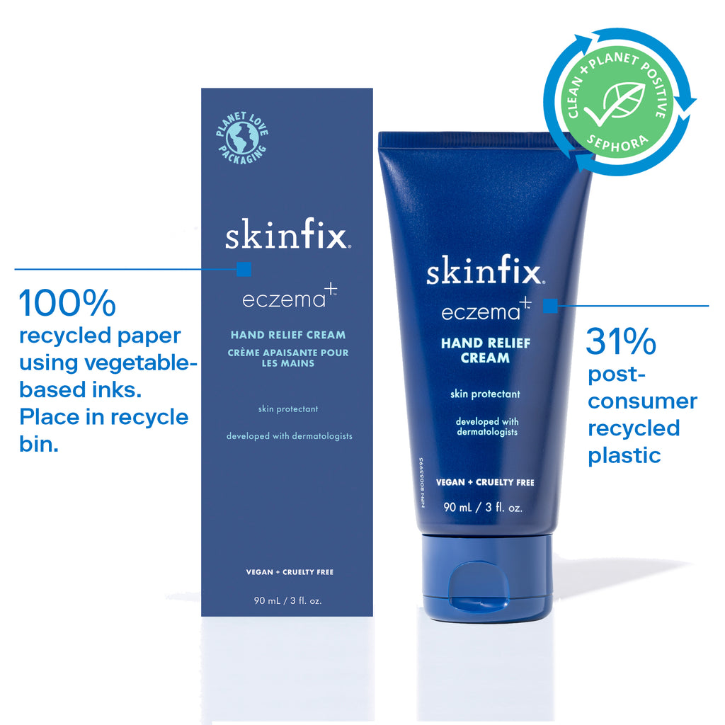 Image of blue bottle and carton Skinfix Hand Relief Cream. Carton is made of 100% recycled paper and packaging is made of 31% post-consumer recycled plastic.