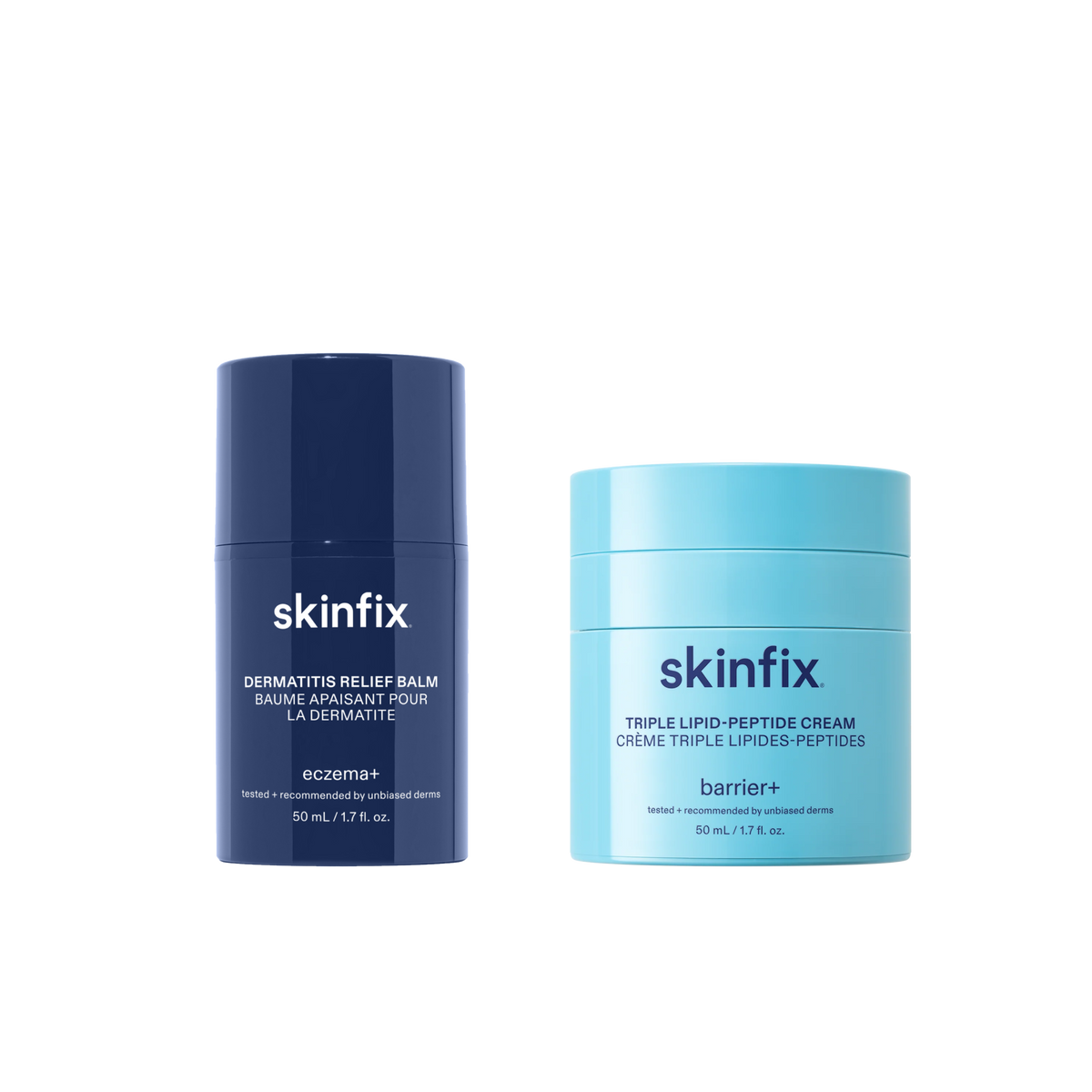 Two skincare products from skinfix on a transparent background: a dark navy blue Dermatitis Relief Balm and a light blue Triple Lipid-Peptide Cream.
