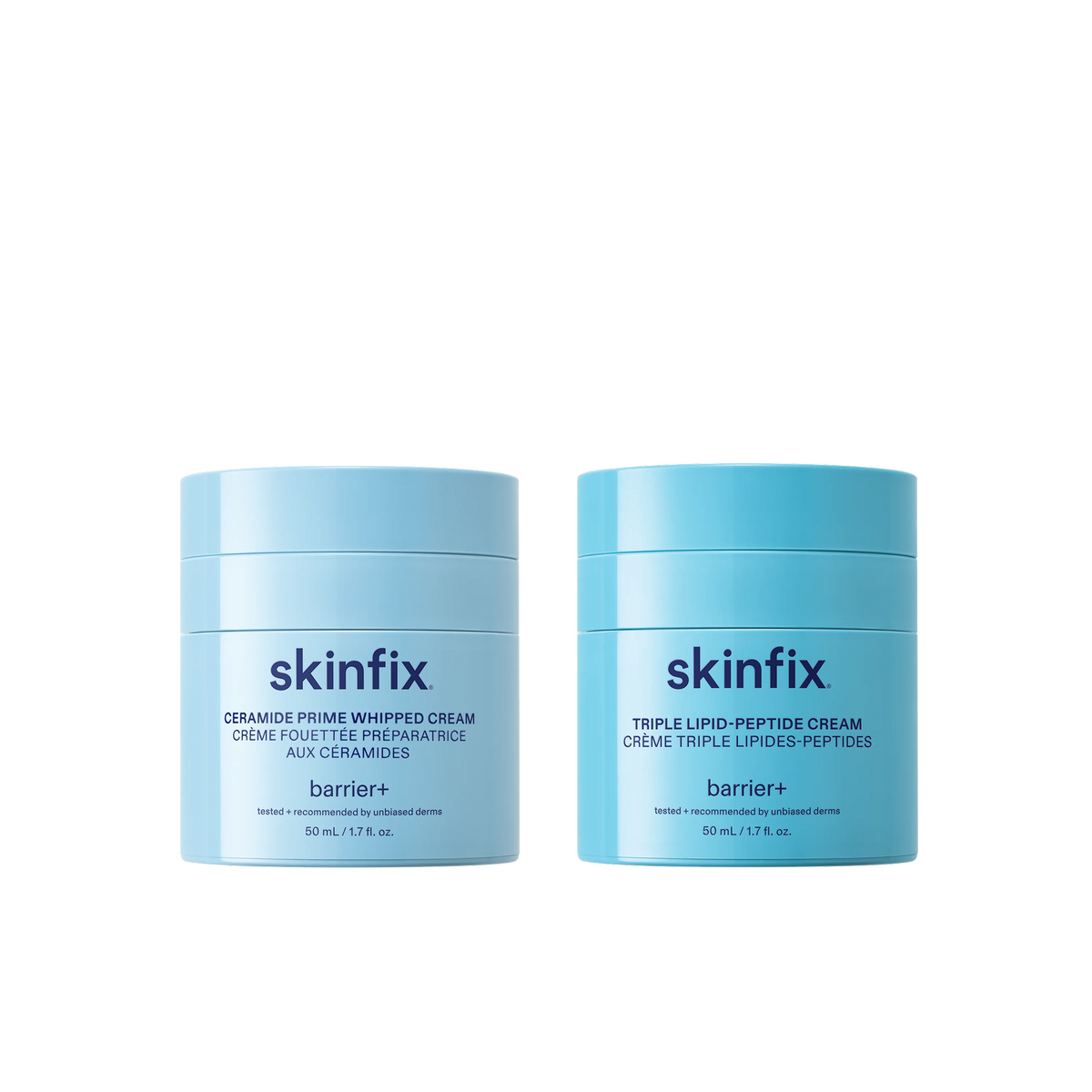 Two Skinfix jars side by side: Ceramide Prime Whipped Cream and Triple Lipid-Peptide Cream.