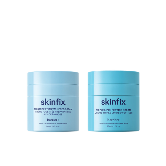 Two Skinfix jars side by side: Ceramide Prime Whipped Cream and Triple Lipid-Peptide Cream.
