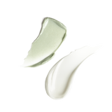 Two swatches of cream on a transparent background, one with a light mint green tint and one with a pure white color.