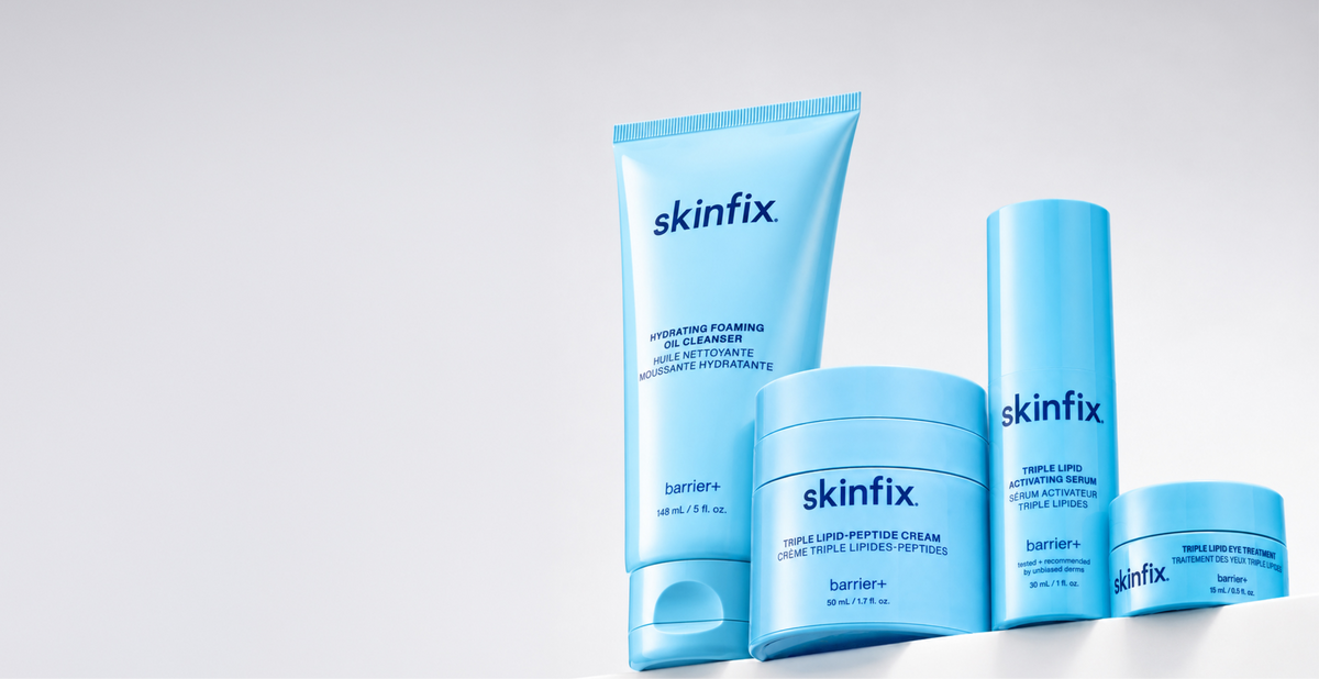Skinfix Fall Ritual Kit – Hydrating Foaming Oil Cleanse, Triple Lipid-Peptide Cream, Triple Lipid Activating Serum and Triple Lipid Eye Treatment., set on white grey background.