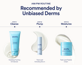 A skincare routine infographic on a white background recommending three skin products from skinfix. The products are shown in a step-by-step layout labeled Step 01 Cleanse, Step 02 Plump, and Step 03 Moisturize, with product names: Hydrating Foaming Oil Cleanser, Triple Lipid Activating Serum, and Triple Lipid-Peptide Cream.