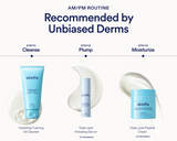 A skincare routine graphic showing three Skinfix products: a light blue Hydrating Foaming Oil Cleanser tube, a white Triple Lipid Activating Serum bottle, and a blue Triple Lipid-Peptide Cream jar, with text labels and a clean white background.