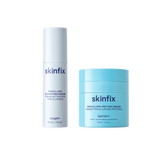 Two skin care products from skinfix on a solid white background: a tall white bottle of Triple Lipid Activating Serum and a light blue jar of Triple Lipid-Peptide Cream.