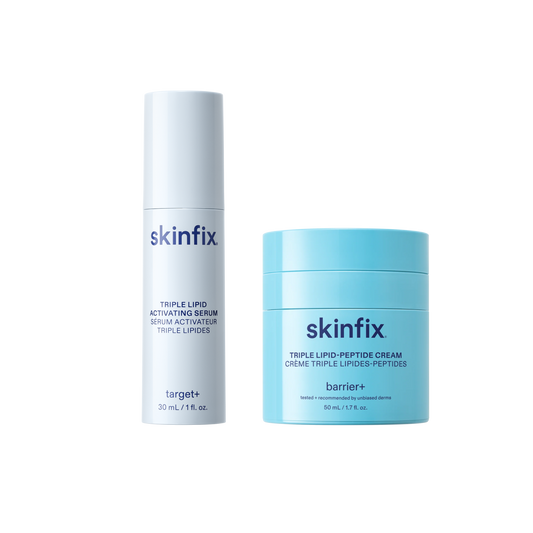 Two skin care products from skinfix on a solid white background: a tall white bottle of Triple Lipid Activating Serum and a light blue jar of Triple Lipid-Peptide Cream.