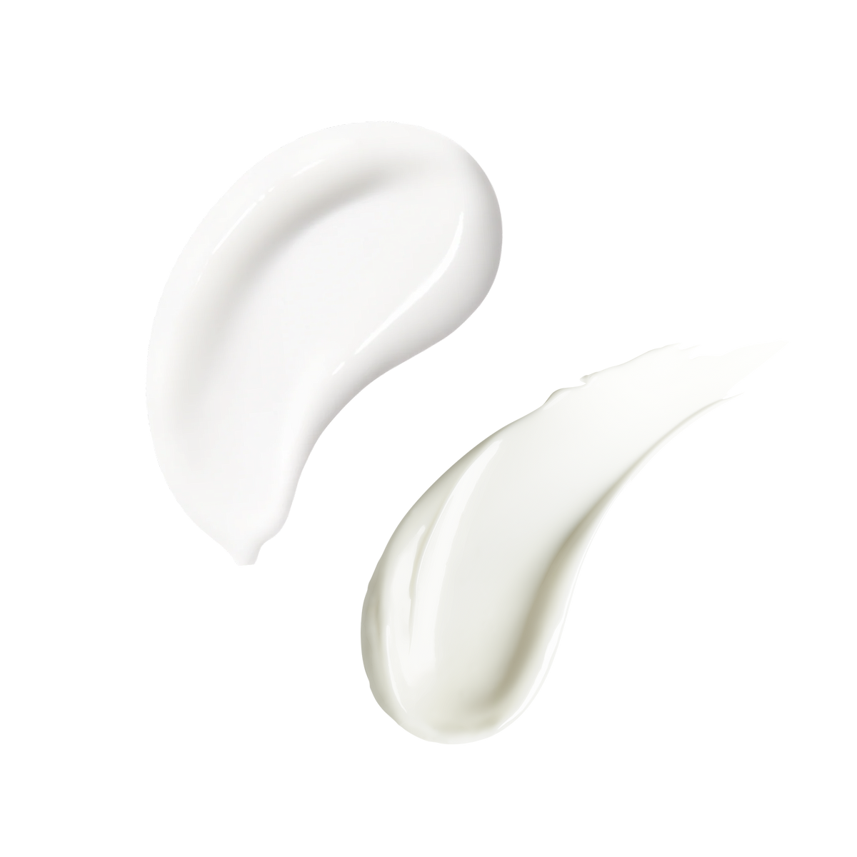 Two glossy swatches of a serum and cream on a pale blue gradient background showing product's texture.