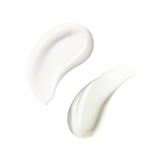 Two glossy swatches of a serum and cream on a pale blue gradient background showing product's texture.