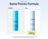 A promotional graphic for skinfix Triple Lipid Active Serum showing a new packaging design labeled 'New Look, Same Proven Formula.' The left panel shows the old bright blue bottle under the label 'Current,' and the right panel shows the new pale blue cylindrical bottle under the label 'New.