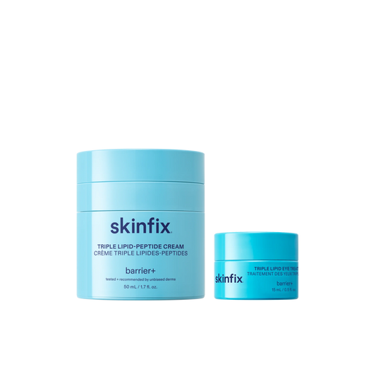 Skinfix Triple Lipid-Peptide Cream and Triple Lipid Eye Treatment in light blue packaging, on transparent background.