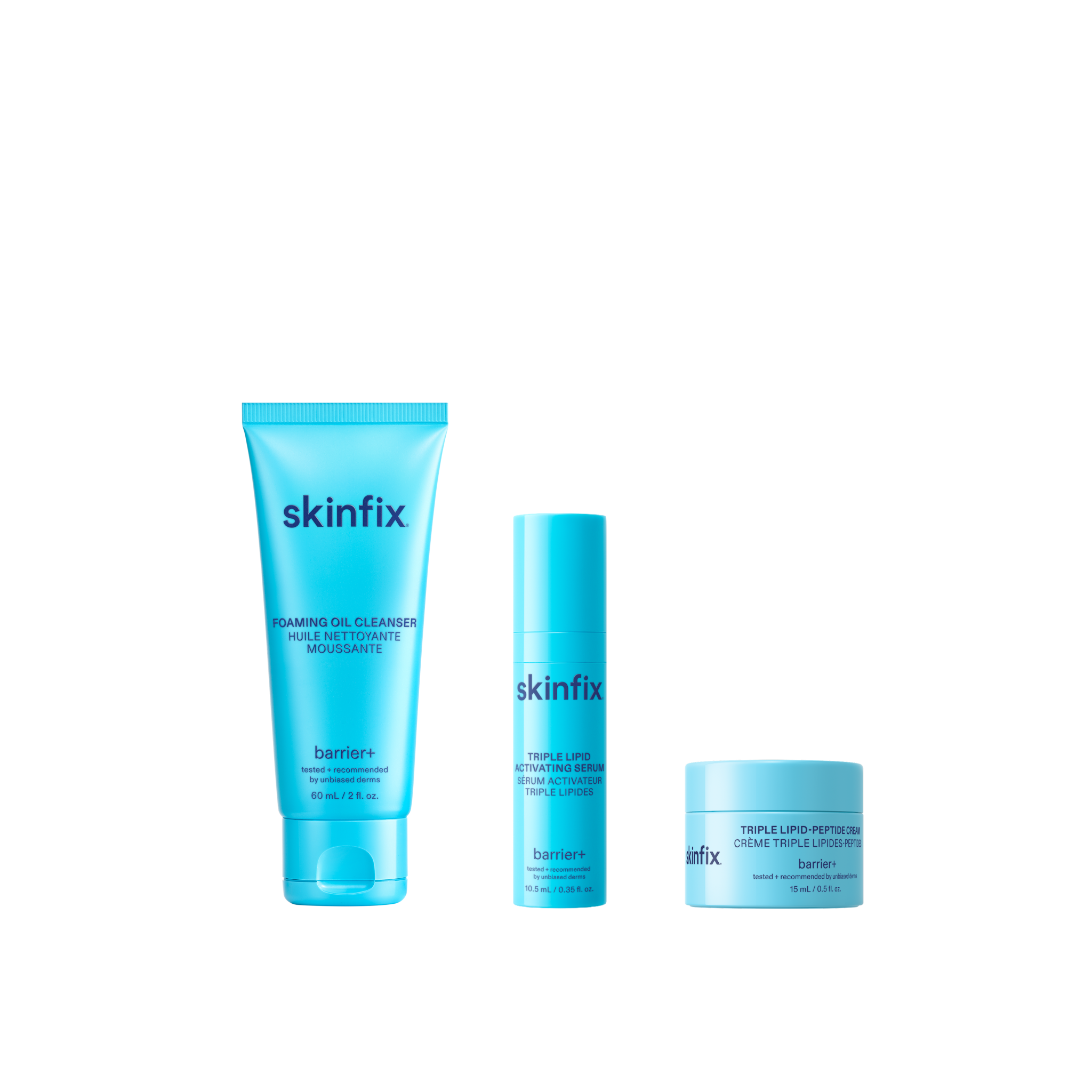 Three Skinfix barrier skincare products in bright blue packaging, including a cleansing oil tube, a serum bottle, and a lip treatment jar, arranged against a solid white background.