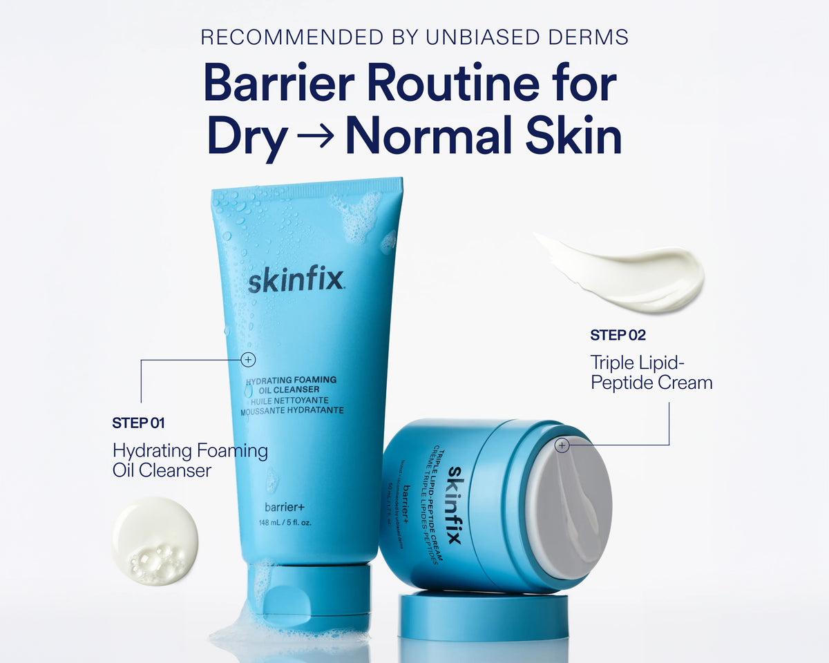 Skinfix Barrier Routine for Dry to Normal Skin, featuring a bright blue Hydrating Foaming Oil Cleanser tube, a matching jar of Triple Lipid Peptide Cream, and two white cream swatches with step-by-step callouts on a clean white background.