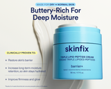 A light blue jar of skinfix Triple Lipid-Peptide Cream on a white background with a cream smear behind it. Large text reads 'Buttery-Rich For Deep Moisture' and smaller text lists clinical benefits.
