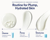 A skincare routine graphic for plump, hydrated skin, showing three cream product textures and three labeled steps: cleanse with hydrating foaming oil cleanser, plump with triple lipid activating serum, and moisturize with triple lipid-peptide cream. The text says recommended by unbiased derms.