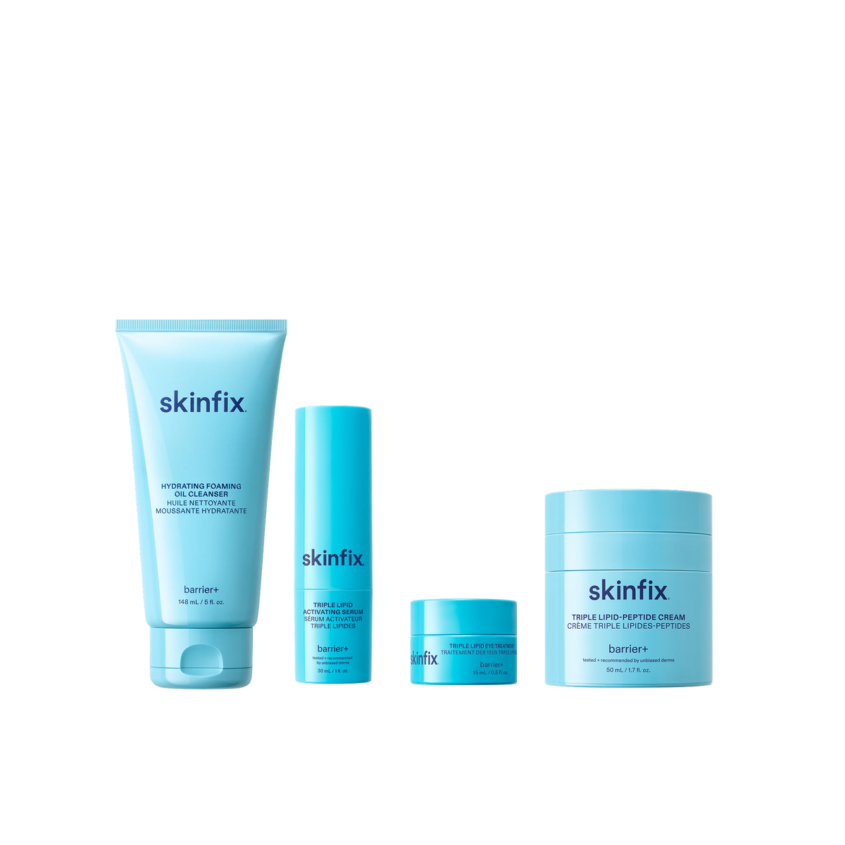 Skinfix Hydrating Foaming Oil Cleanser, Triple Lipid Activating Serum, Triple Lipid Eye Treatment, and Triple Lipid-Peptide Cream.