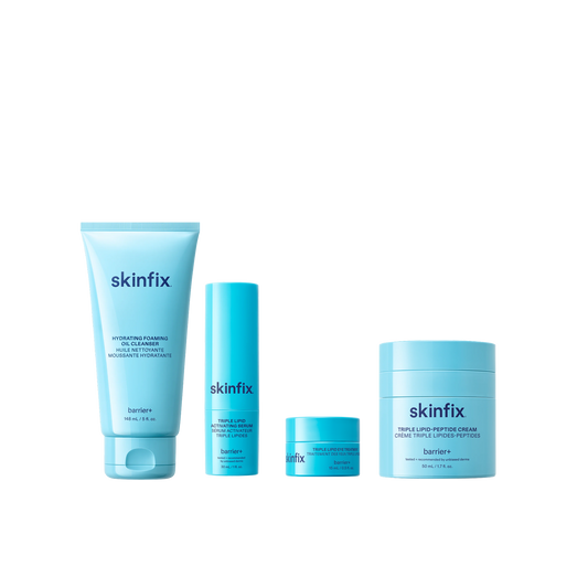 Skinfix Hydrating Foaming Oil Cleanser, Triple Lipid Activating Serum, Triple Lipid Eye Treatment, and Triple Lipid-Peptide Cream.