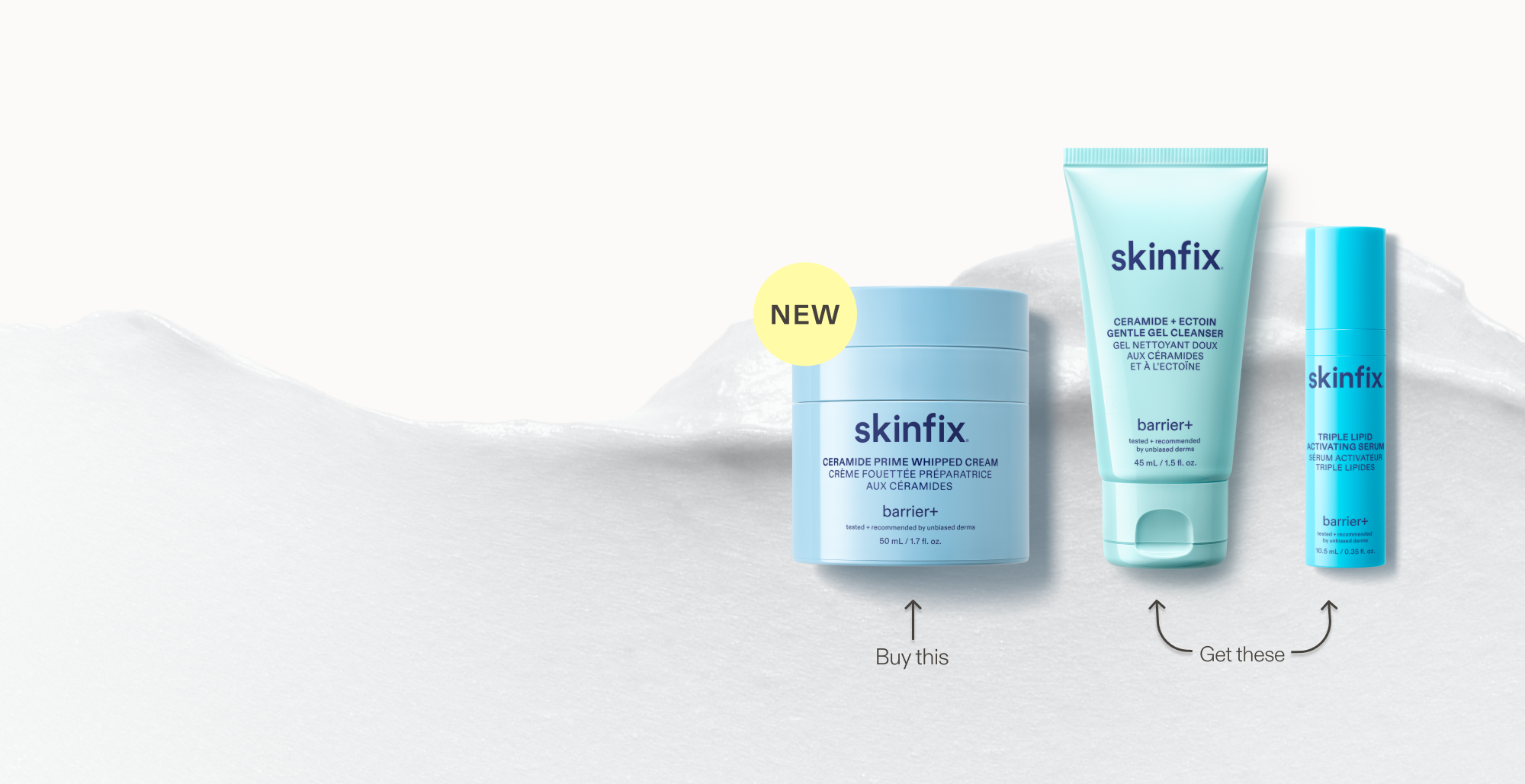 Skinfix Ceramide Prime Whipped Cream with Gentle Gel Cleanser Mini and Triple Lipid Activating Serum Mini on a textured background.