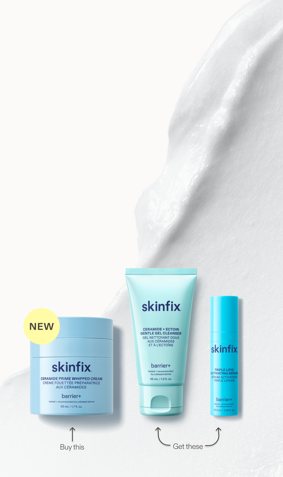 Skinfix Ceramide Prime Whipped Cream with Gentle Gel Cleanser Mini and Triple Lipid Activating Serum Mini on a textured background.