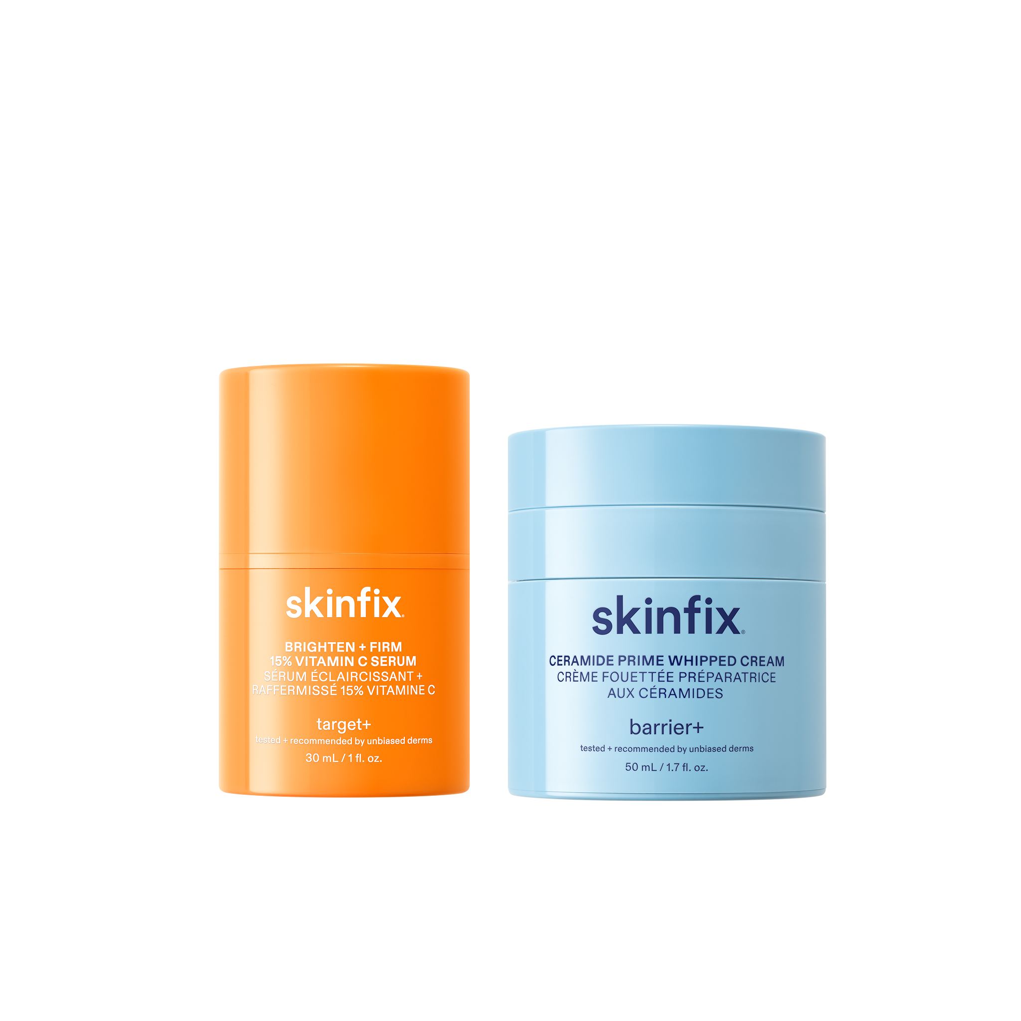 Skinfix Brighten + Firm 15% Vitamin C Serum (30 mL) in orange and Ceramide Prime Whipped Cream (50 mL) in light blue, on a transparent background.