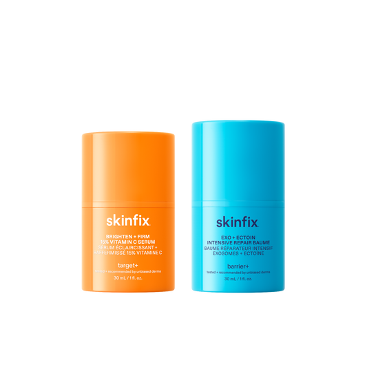 Skinfix Brighten + Firm 15% Vitamin C Serum and Exo + Ectoin Intensive Repair Baume side by side