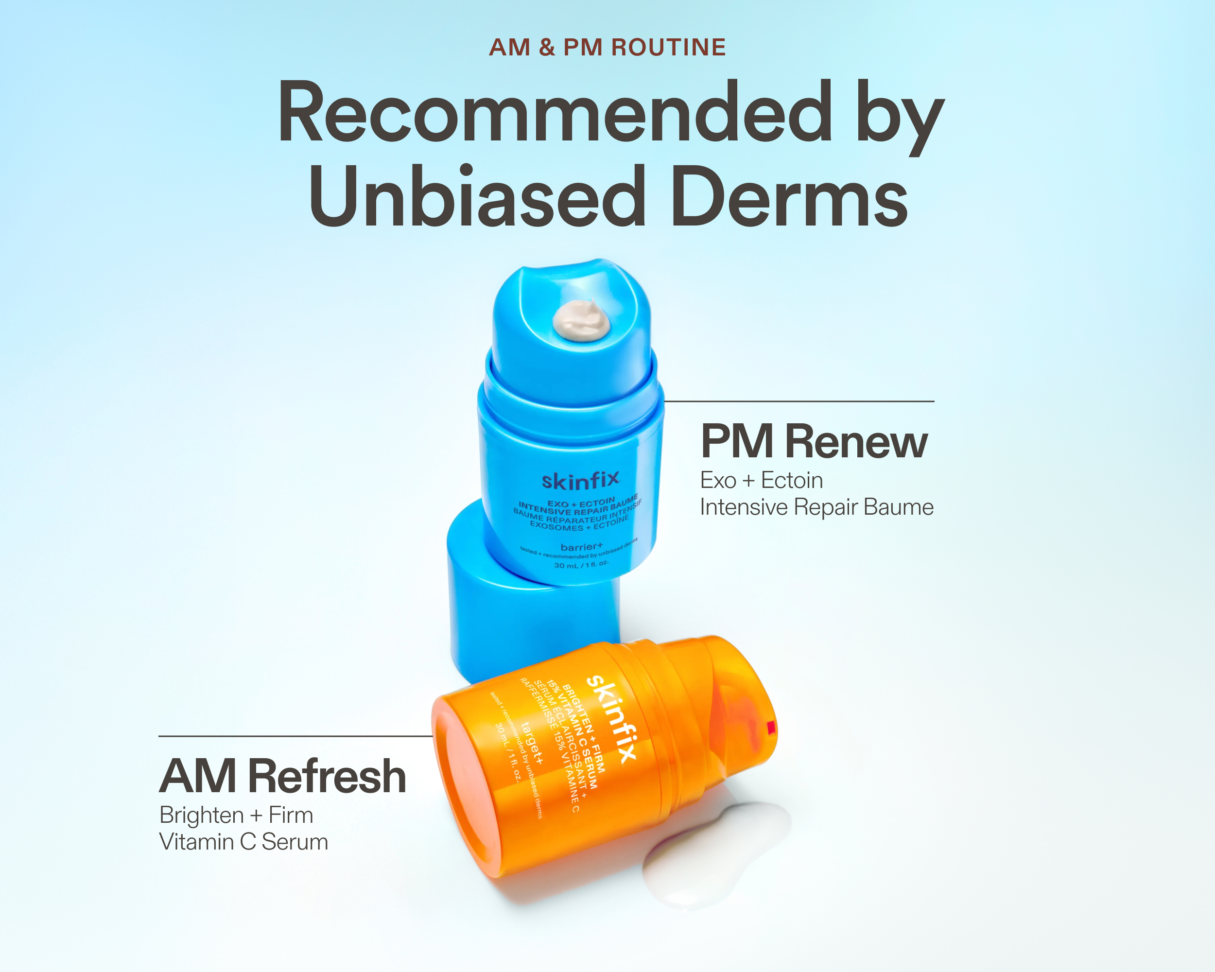 Skinfix AM & PM skincare routine featuring Brighten + Firm Vitamin C Serum for morning use and Exo + Ectoin Intensive Repair Baume for nighttime use.