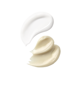 Two skincare texture swatches on a black background: a smooth white serum texture and a richer cream-balm texture, showing contrast in consistency.