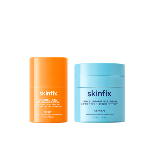 Skinfix Brighten + Firm 15% Vitamin C Serum and Triple Lipid-Peptide Cream shown side by side.
