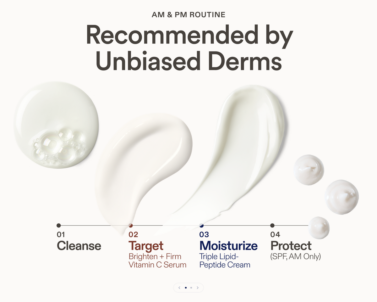 AM and PM skincare routine graphic showing steps to cleanse, apply Brighten + Firm Vitamin C Serum, moisturize with Triple Lipid-Peptide Cream, and protect with SPF.
