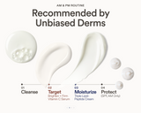 AM and PM skincare routine graphic showing steps to cleanse, apply Brighten + Firm Vitamin C Serum, moisturize with Triple Lipid-Peptide Cream, and protect with SPF.