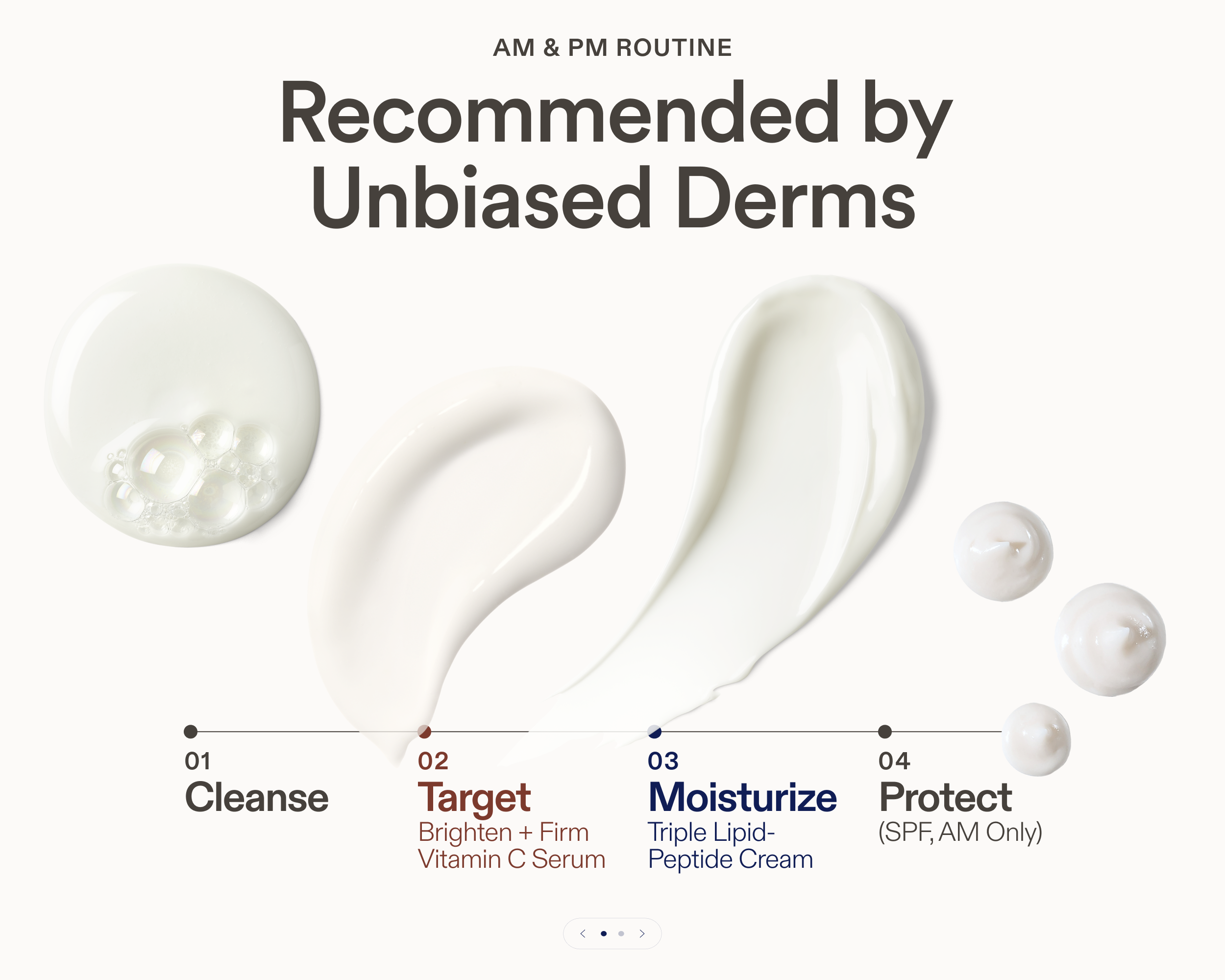 AM and PM skincare routine graphic showing steps to cleanse, apply Brighten + Firm Vitamin C Serum, moisturize with Triple Lipid-Peptide Cream, and protect with SPF.