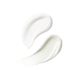Close-up of two white skincare texture swatches.