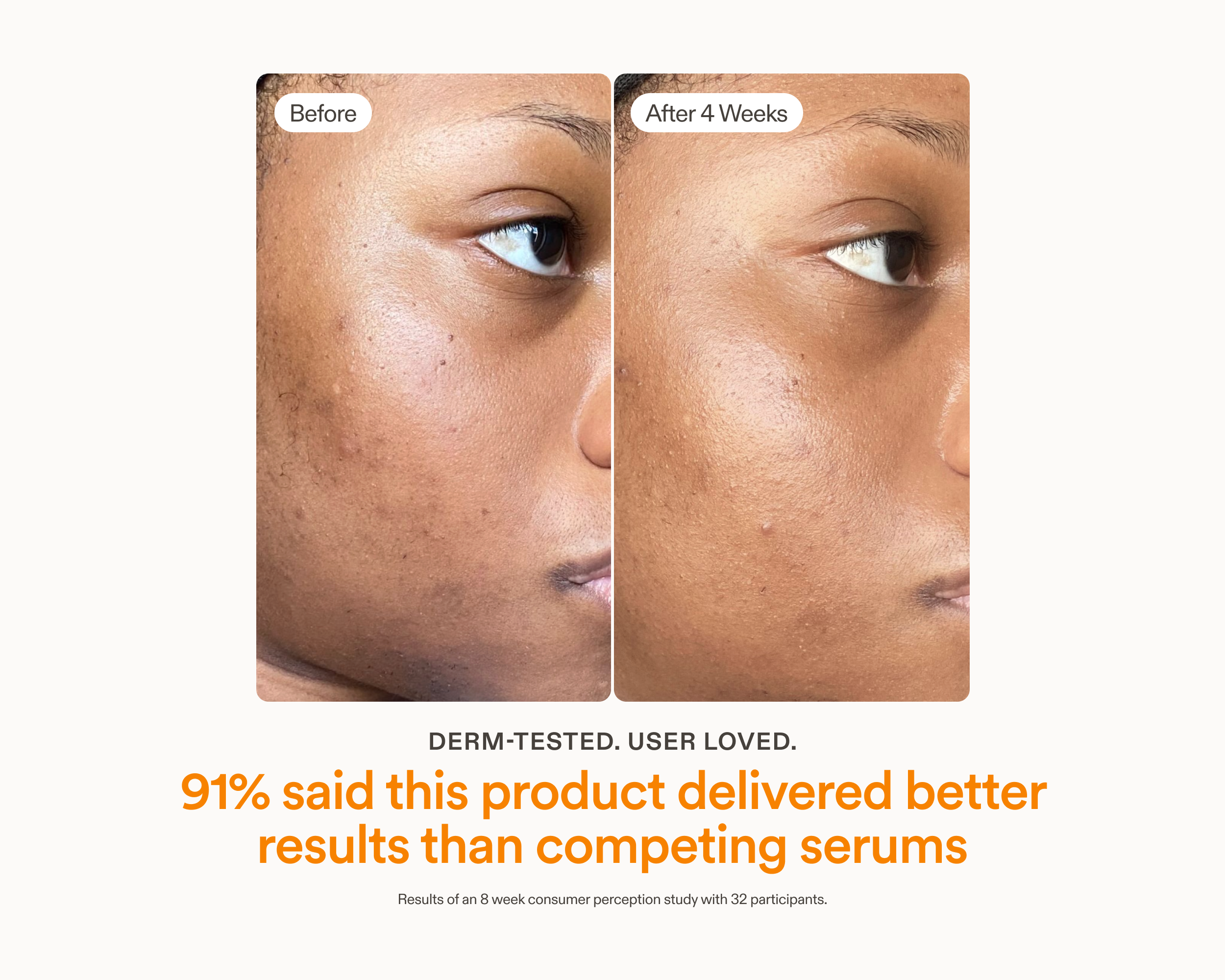 Before and after comparison of vitamin c serum with text about product effectiveness.