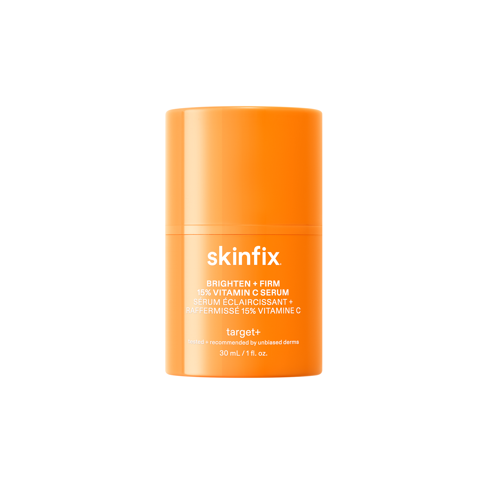 Orange skincare serum container with 'skinfix' branding on a white background