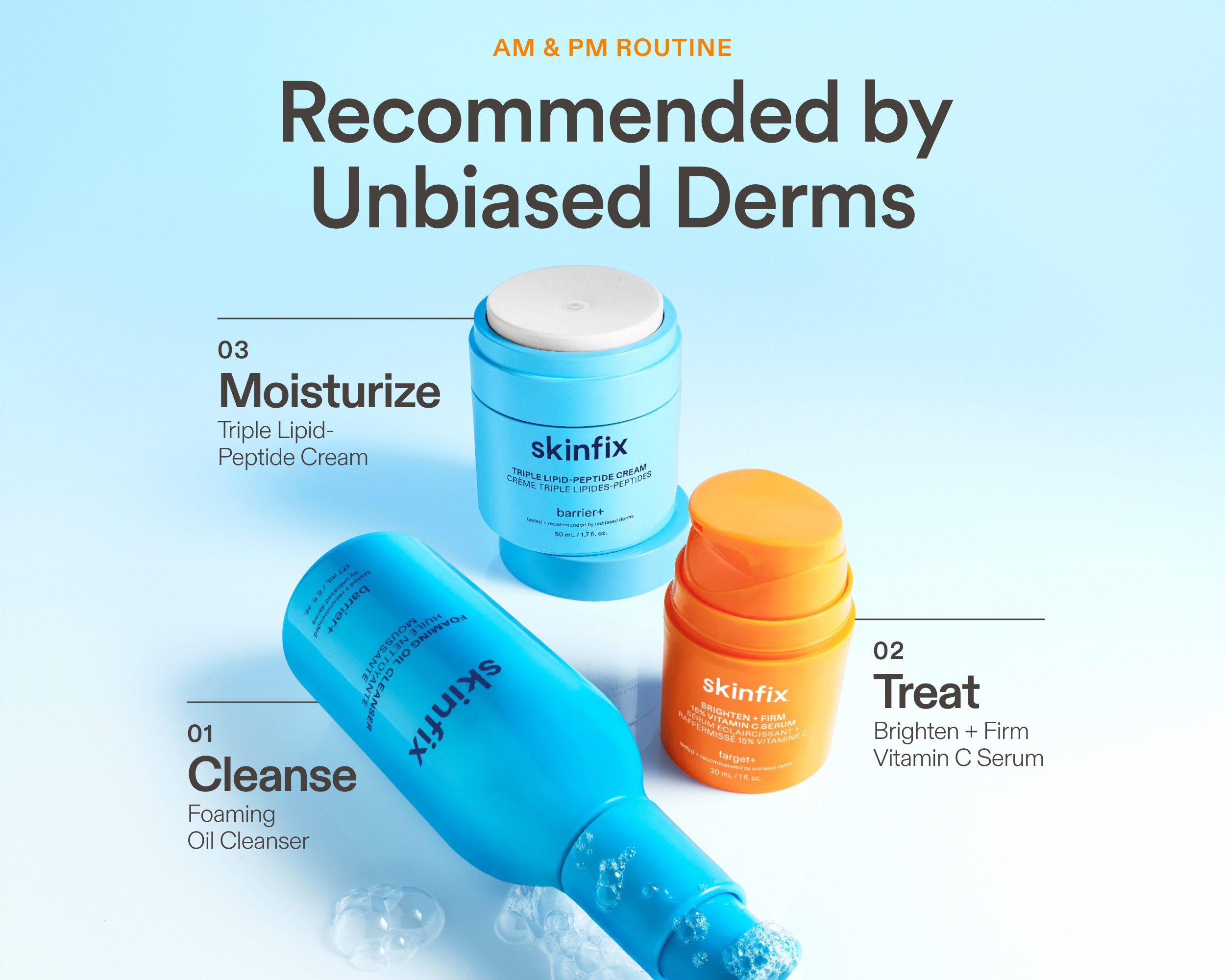 Skinfix AM and PM skincare routine featuring Foaming Oil Cleanser, Brighten + Firm Vitamin C Serum, and Triple Lipid-Peptide Cream.