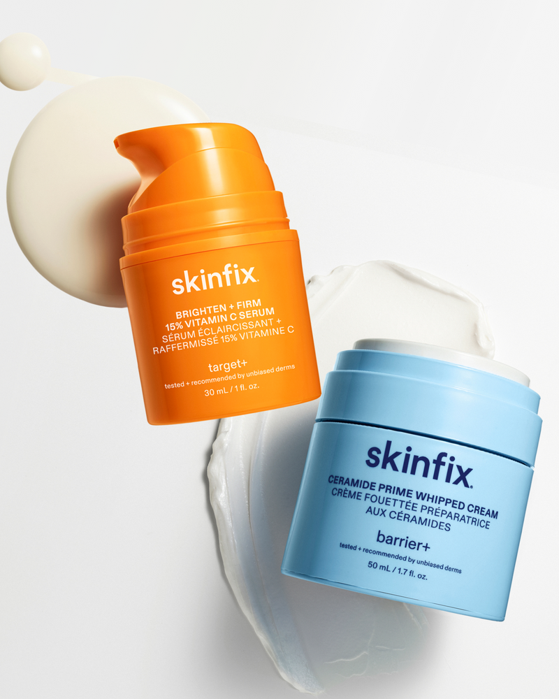 Skinfix Brighten + Firm 15% Vitamin C Serum and Ceramide Prime Whipped Cream arranged against product texture swatches on a light grey background.