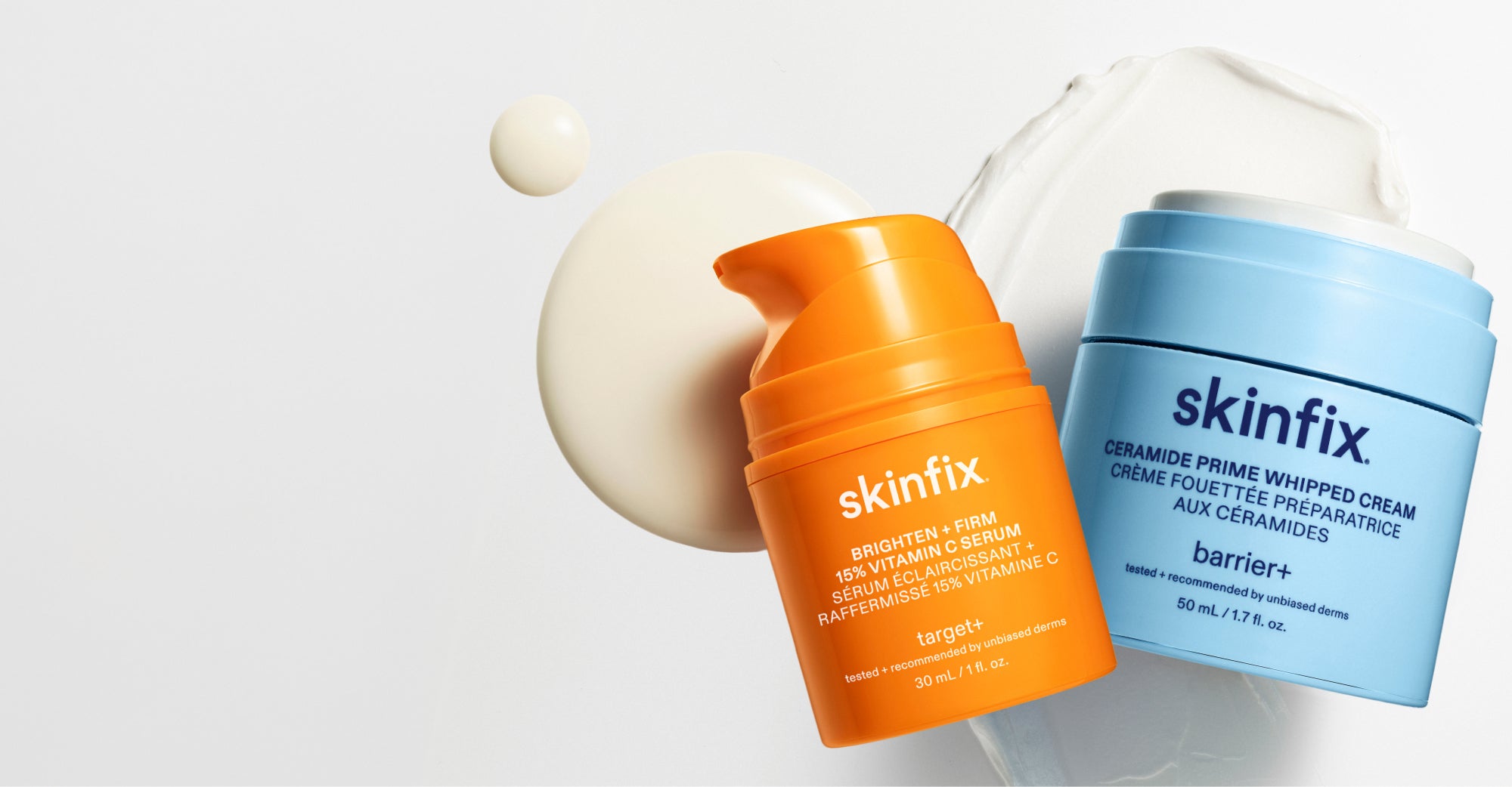 Skinfix Brighten + Firm 15% Vitamin C Serum and Ceramide Prime Whipped Cream, arranged against product texture swatches on a light grey background.