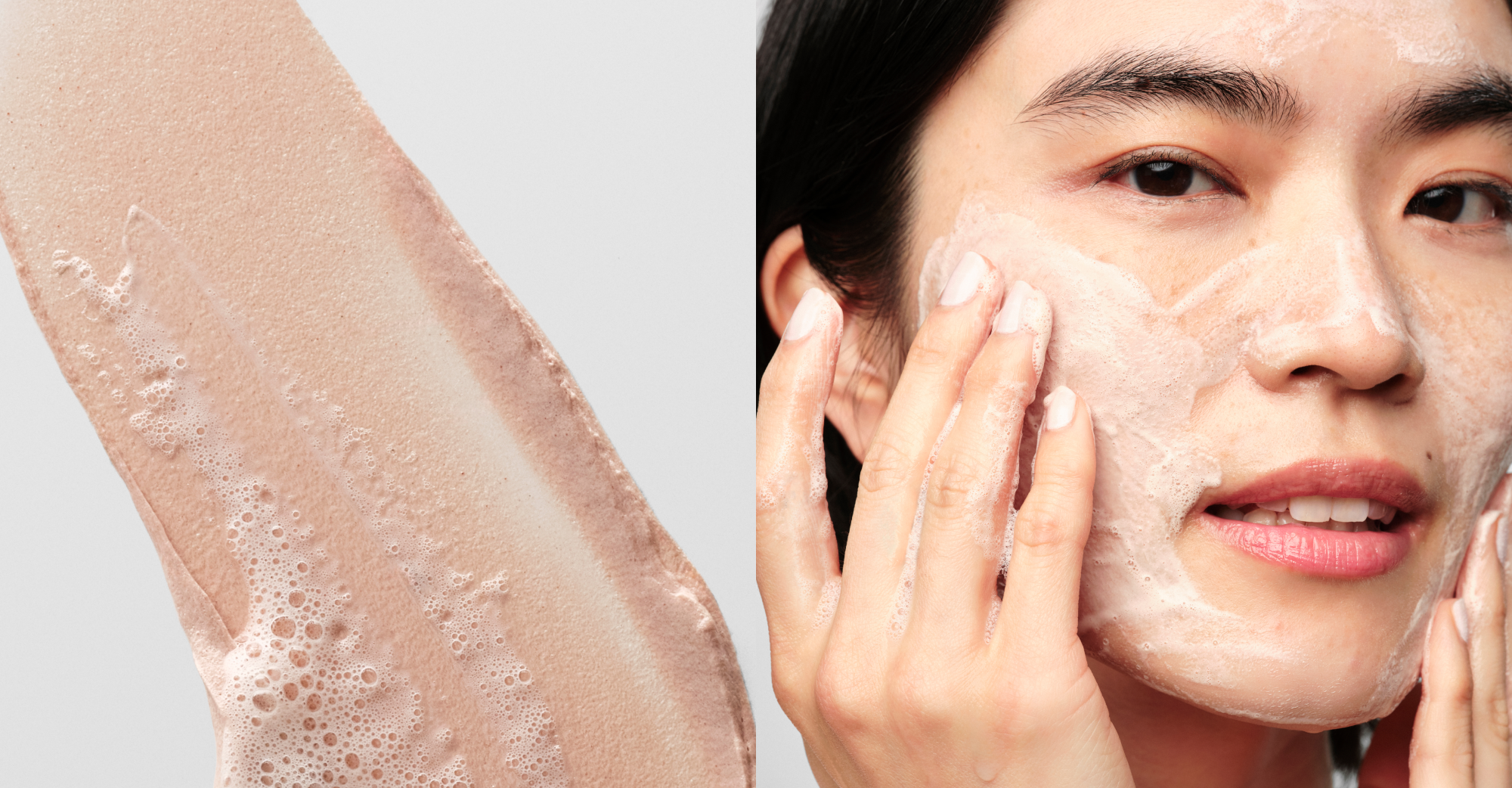 Split image showing a close-up of a foaming, beige clay cleanser lathered on an arm next to a person massaging the foam into their face.