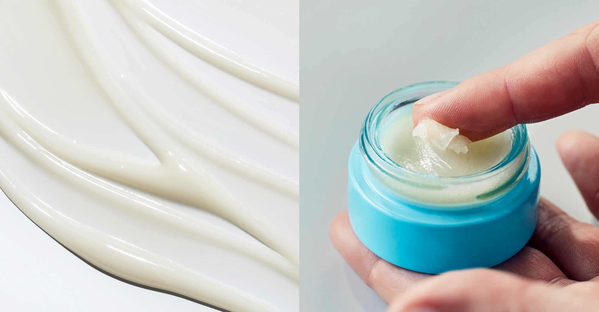 Close-up of a Skinfix Triple Lipid Lip Treatment texture swatch alongside a hand scooping product from lip treatment jar.