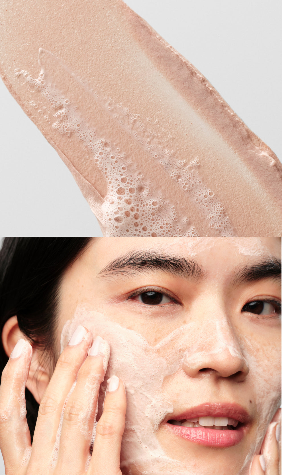 Split image showing a close-up of a foaming, beige clay cleanser lathered on an arm next to a person massaging the foam into their face.