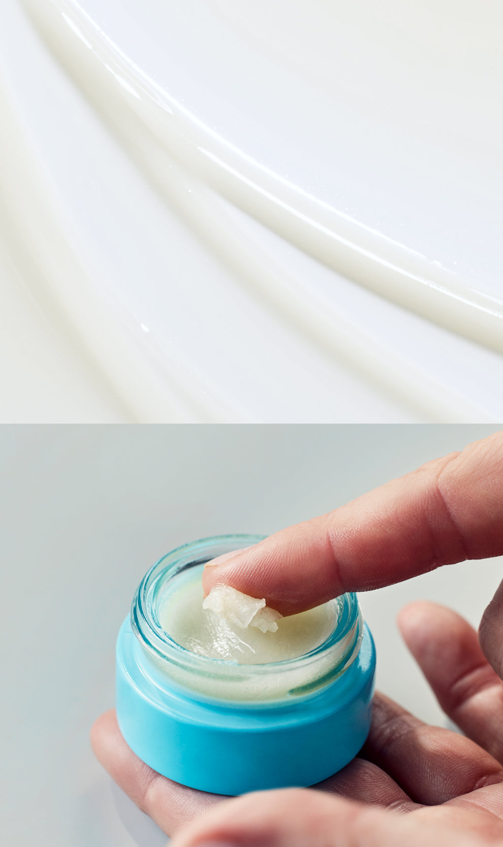 Close-up of a Skinfix Triple Lipid Lip Treatment texture swatch on top. A hand scooping product from lip treatment jar on bottom.