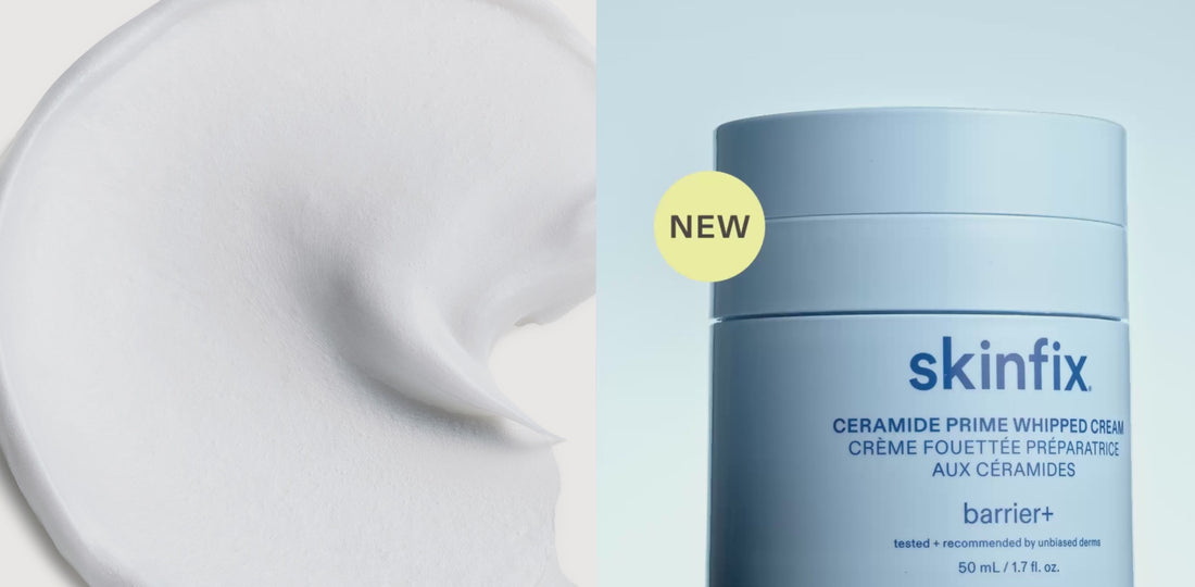 Left size Skinfix Ceramide Prime Whipped Cream texture swatch. Right side Ceramide Prime Whipped Cream jar rotating with NEW badge.